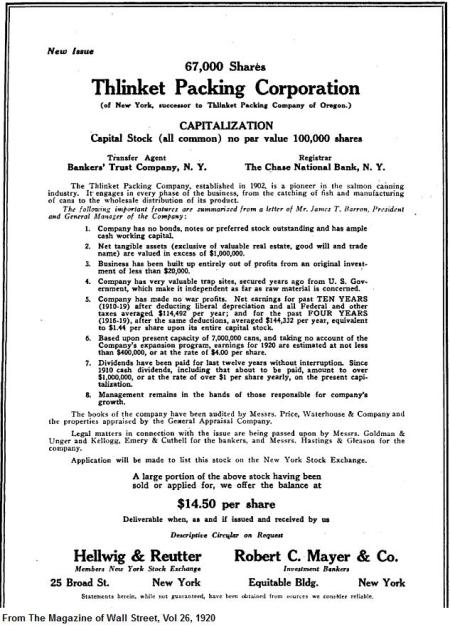 Cannery stock offering 1920